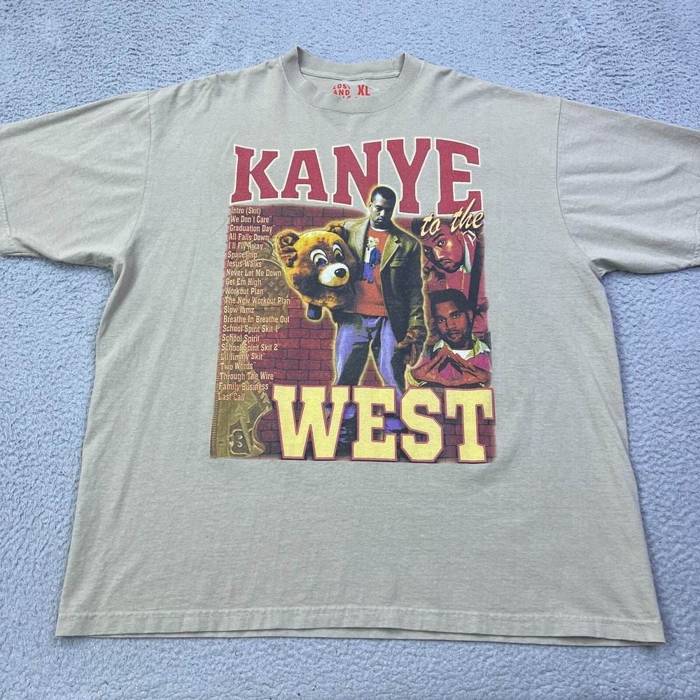 Kanye To The West College Dropout Promo Shirt Sz XL Beige Bear Rap Crew USA Made